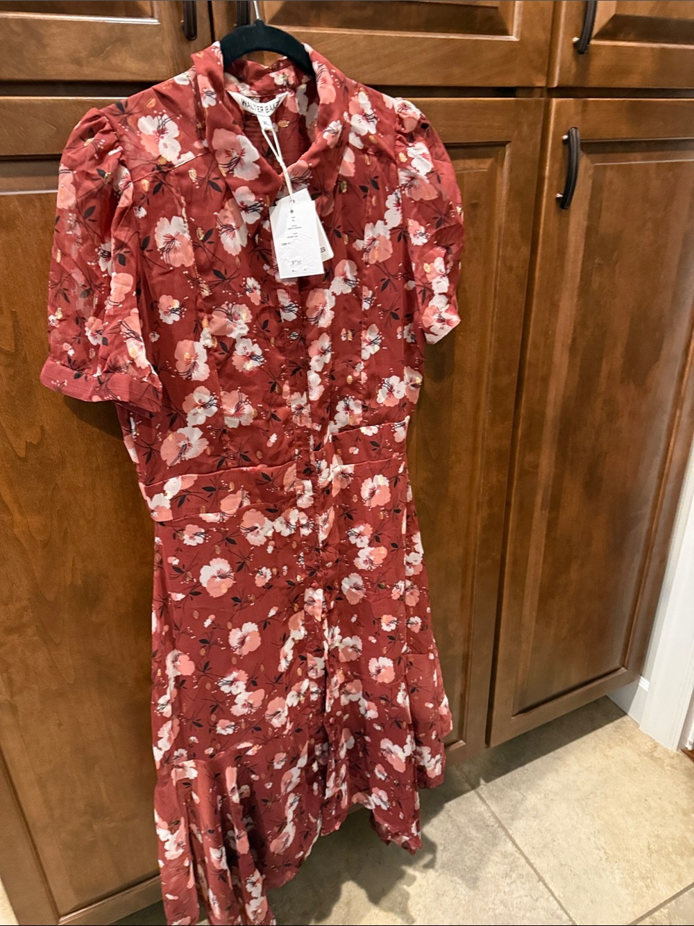 Walter Baker Rust Floral Button-Front Midi Dress with Pink Blossoms